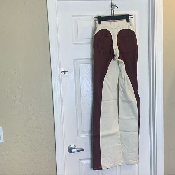 EGO Shea High Waist Panel Detail Straight Leg Trousers In Brown And Cream Nude - Picture 5 of 12